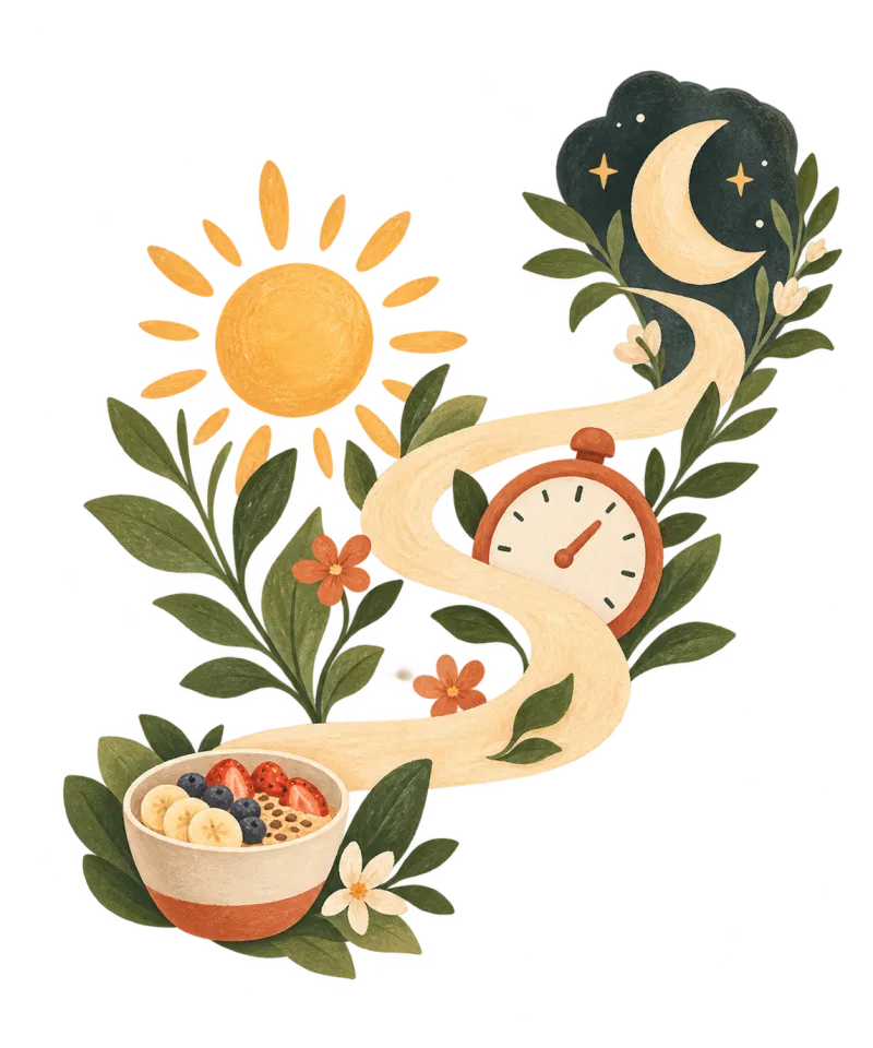Watercolor illustration of the sun, the moon, a stopwatch and a bowl of fruit joined by a winding path